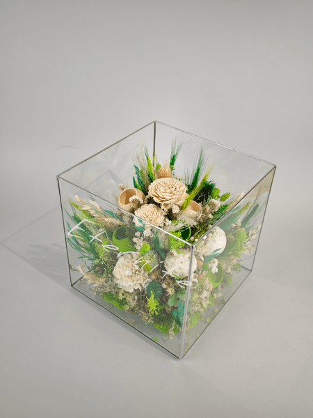 Сухоцвіти скорботи, жалобні, ритуальні під склом &laquo;З найтеплійшими спогадами&raquo; куб 150 фото